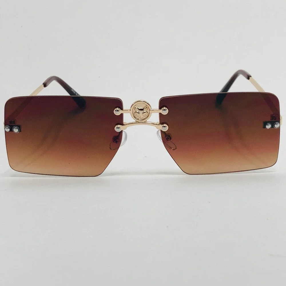 Rimless Sunglasses Square Brown‎ Gradient Lens Gold Accents Fashion Shades Gafas